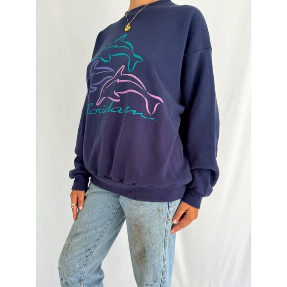 90s vintage blue dolphins florida USA souvenir graphic cozy pullover sweatshirt - Picture 5 of 9
